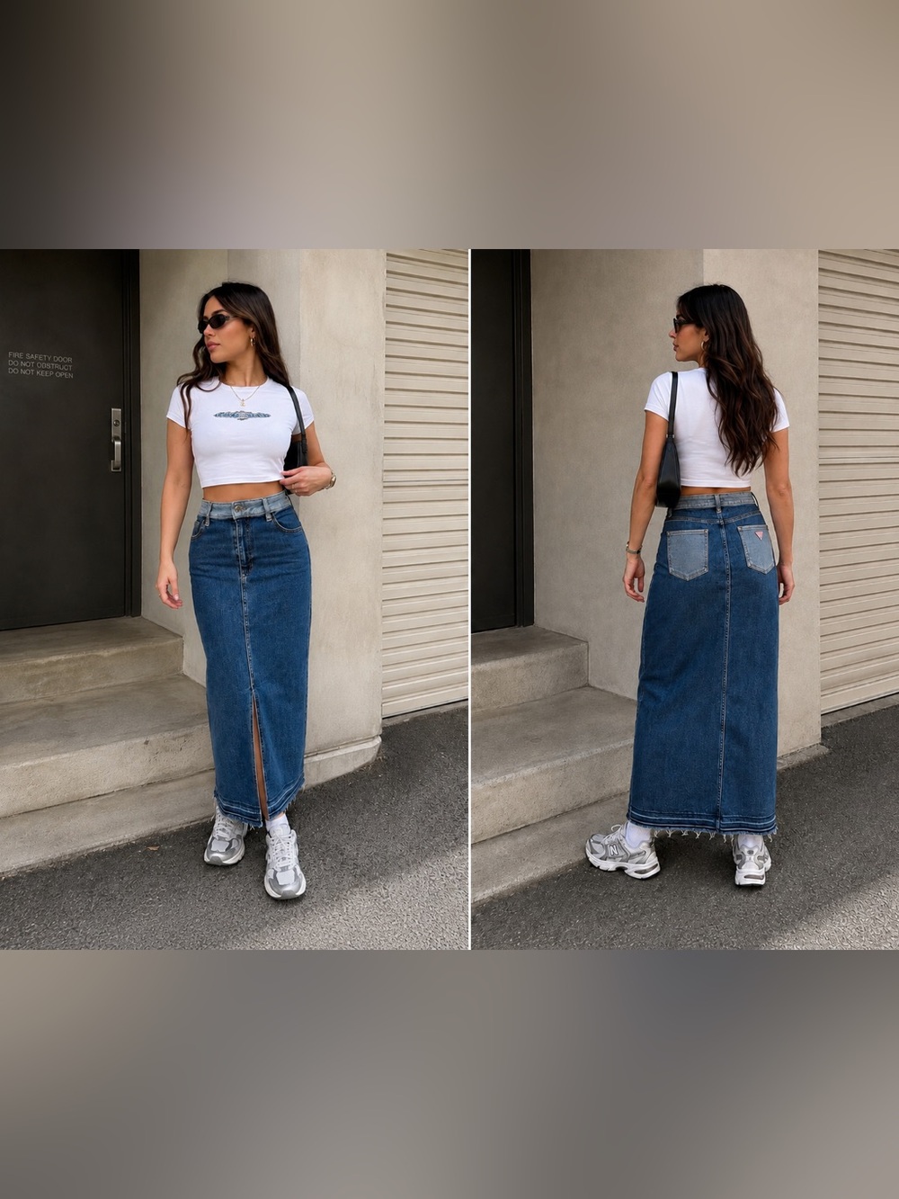 GUESS Los Angeles Two Tone Denim Midi Skirt Size 10 Front Slit Raw Hem Y2K